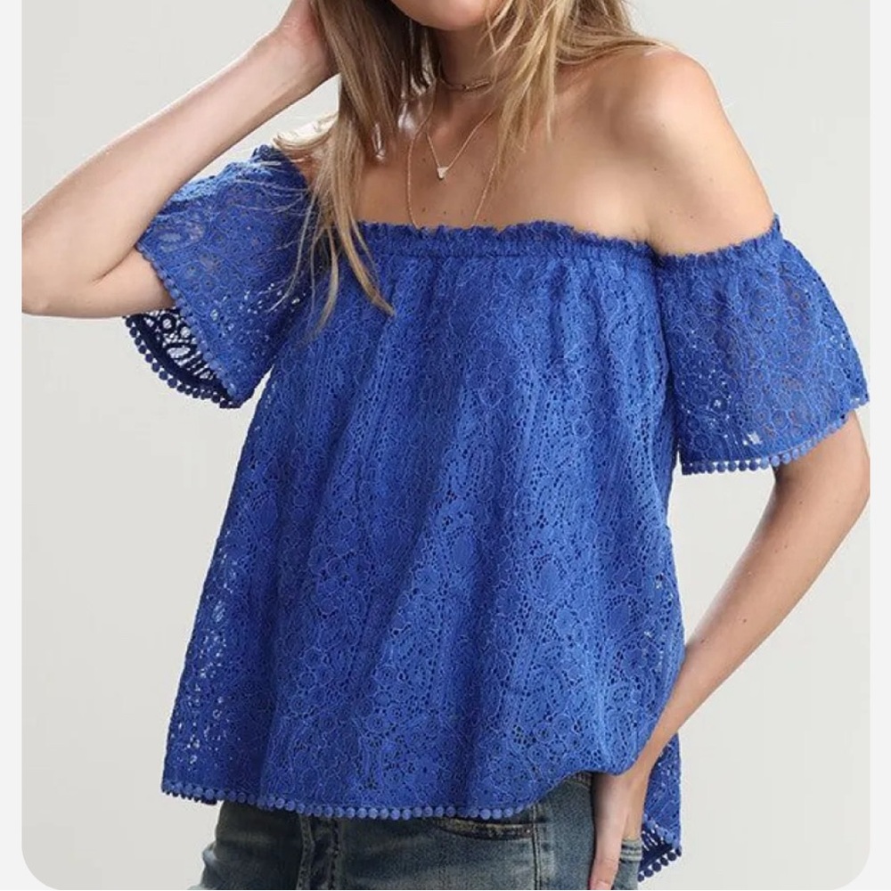 Heartloom XL off-shoulder lace top mini Pom-pom hem & cap sleeves cobalt blue